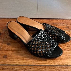 Black woven leather block heel mules, size 38